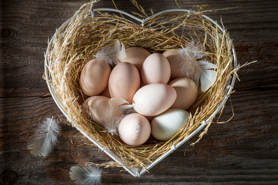 Eier Frische Eier in einem herzförmigen Nest aus Stroh und Federn auf Holztisch.